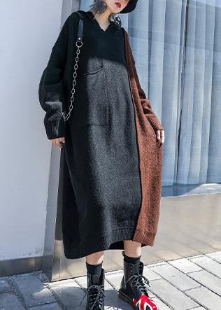 Chocolate Sweater Dress Outfit Hooded Patchwork Art Knit Dresses