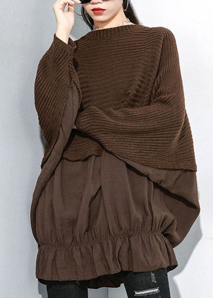 Chocolate O-neck Batwing Sleeve Patchwork Knit Top