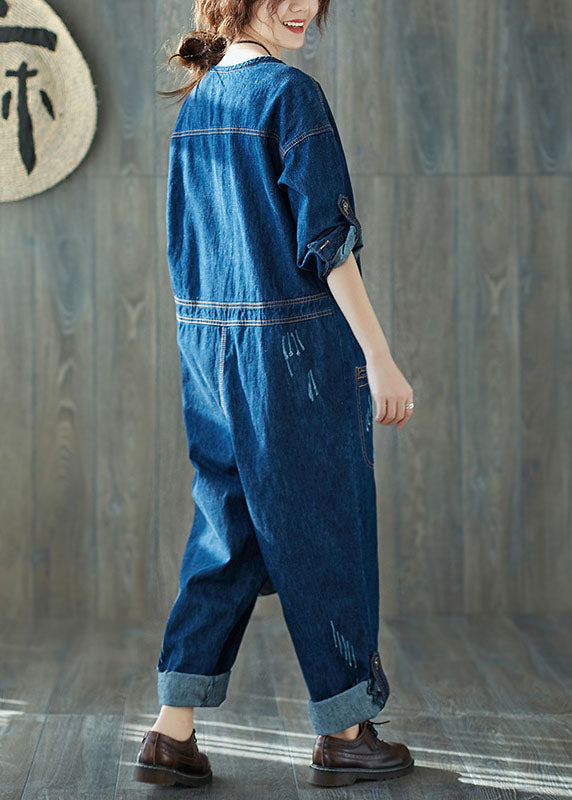 Dark Blue O-neck Pockets Denim Jumpsuits Spring