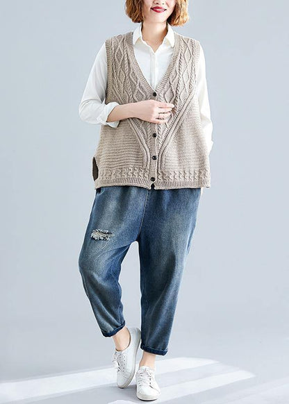 Fall Light Khaki Knit Tops Oversize Sleeveless Clothes for