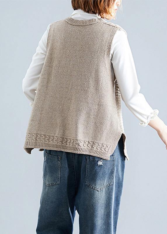 Fall Light Khaki Knit Tops Oversize Sleeveless Clothes for