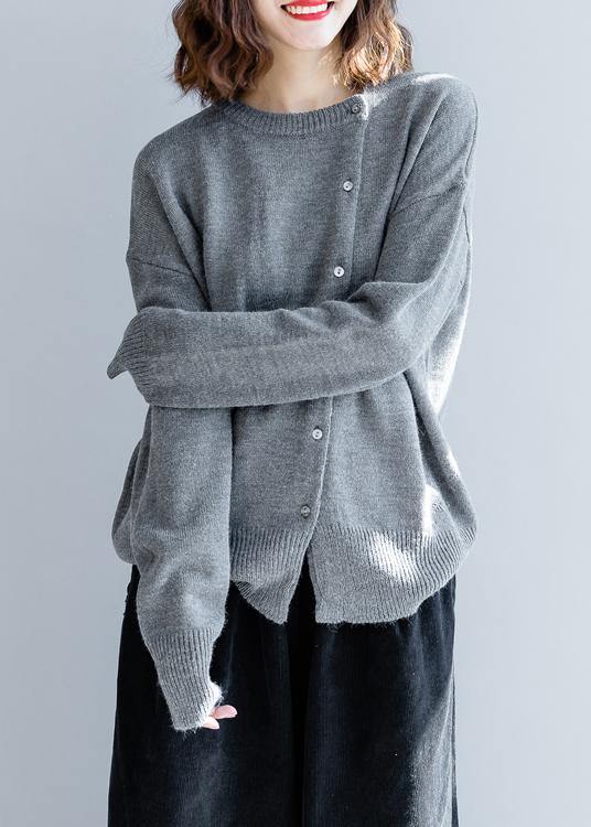 Gray Knitted Top O Neck Button Down Clothing Knit Sweat Tops