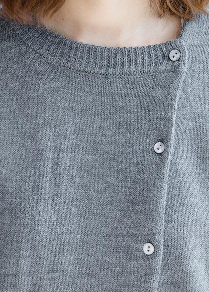 Gray Knitted Top O Neck Button Down Clothing Knit Sweat Tops