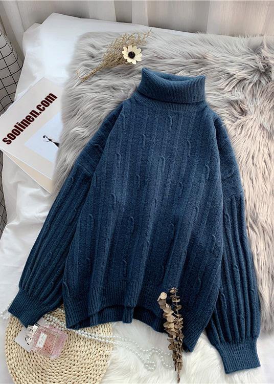 High Neck Purpke Redknit Tops Oversized Cable Knitted Top