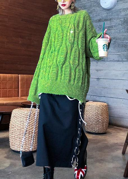 Winter Green Sweaters O Neck Patchwork Hole Knit Blouse