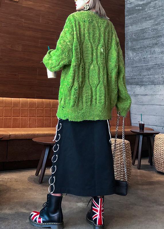 Winter Green Sweaters O Neck Patchwork Hole Knit Blouse