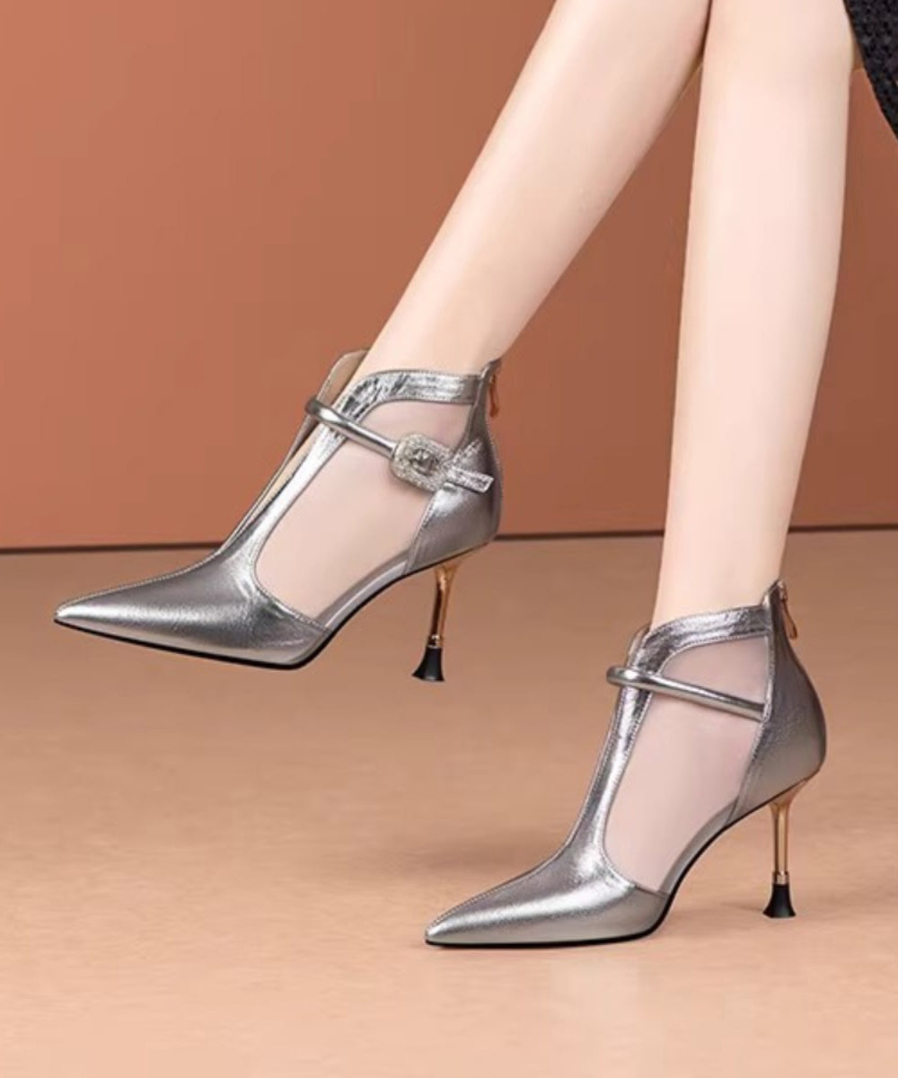 Fashionable and Gold High Heeled Pointed Mesh Boots