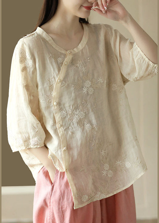 Fine Apricot Embroideried Button Patchwork Linen Top Summer