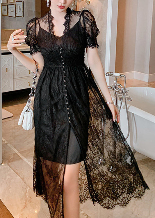 Fine Black Lace Vest and Maxi Dress Two Pieces Set Short Sleeve