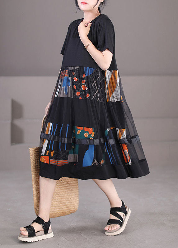 Fine Black O-neck Tulle Patchwork Print Cotton Party Dress Short Sleeve