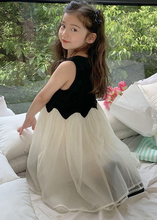 Fine Black O Neck Wrinkled Patchwork Tulle Kids Dress Sleeveless