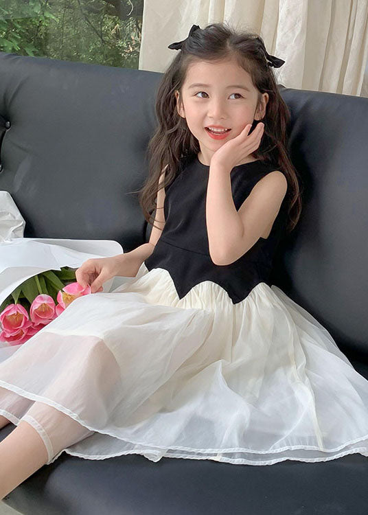 Fine Black O Neck Wrinkled Patchwork Tulle Kids Dress Sleeveless