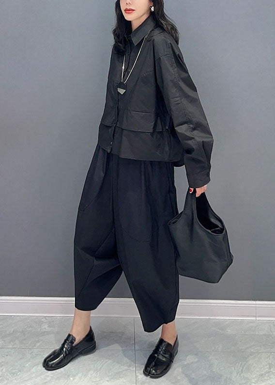 Fine Black Peter Pan Collar Patchwork Tops and Pants Cotton Two Pieces Set Spring