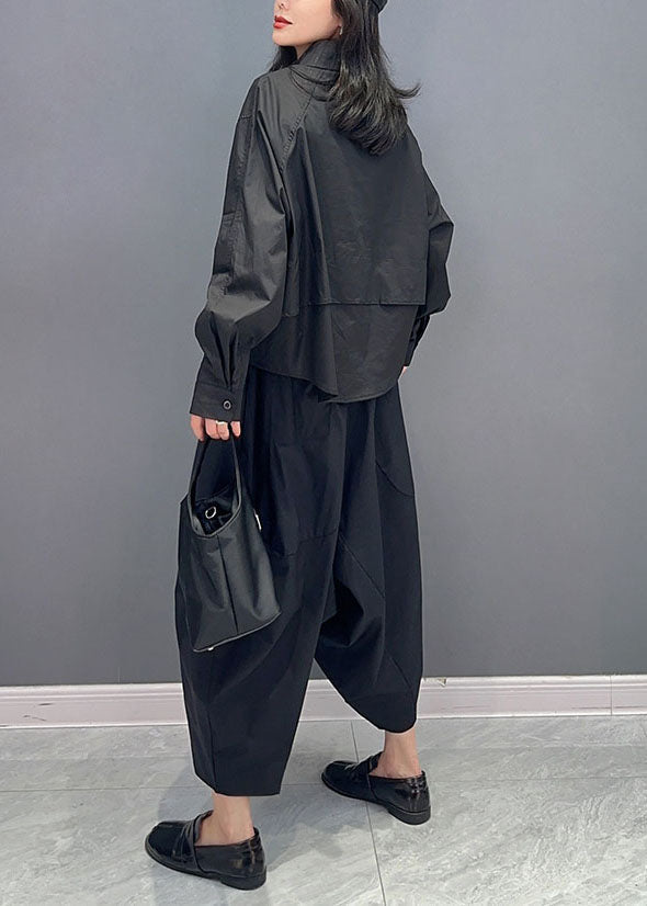 Fine Black Peter Pan Collar Patchwork Tops and Pants Cotton Two Pieces Set Spring