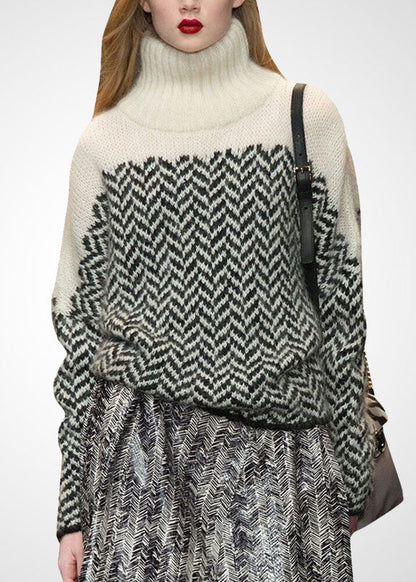 Fine Black Red High Neck Patchwork Print Warm Wool Sweaters Winter