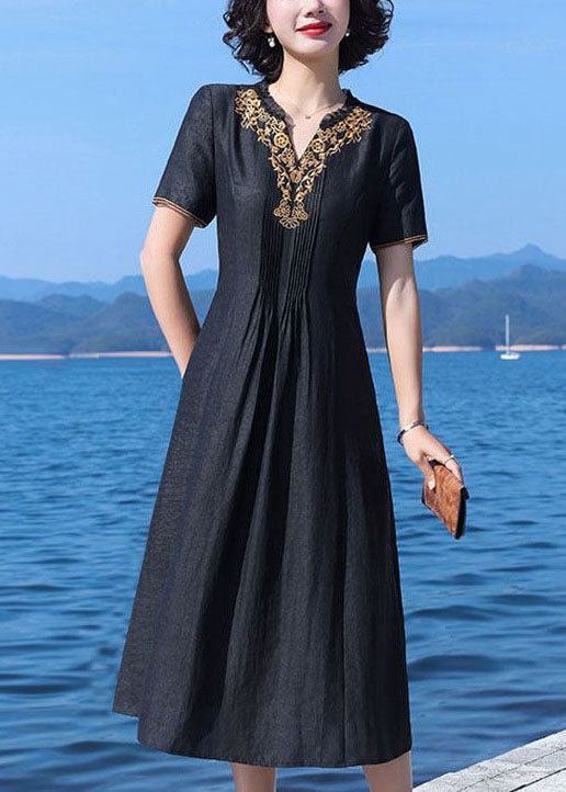 Fine Black V-neck Wrinkled Patchwork Embroideried Silk Dress Summer