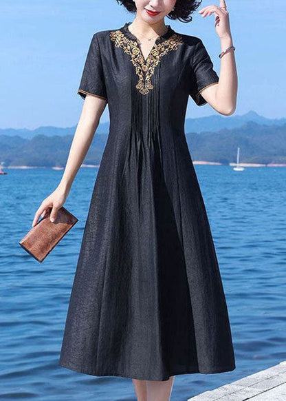 Fine Black V-neck Wrinkled Patchwork Embroideried Silk Dress Summer