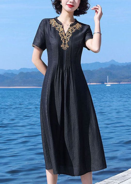 Fine Black V-neck Wrinkled Patchwork Embroideried Silk Dress Summer