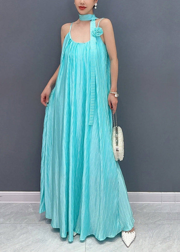 Fine Blue Cold Shoulder Silk Spaghetti Strap Dress Summer