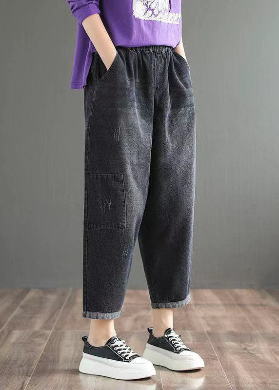 Fine Blue Elastic Waist Pockets Harem Fall Denim Pants