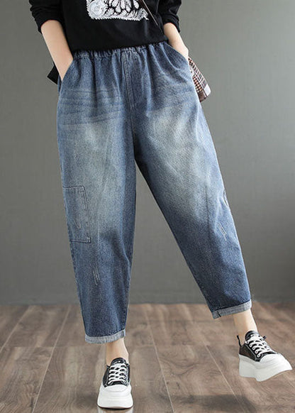 Fine Blue Elastic Waist Pockets Harem Fall Denim Pants