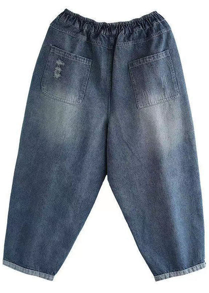 Fine Blue Elastic Waist Pockets Harem Fall Denim Pants