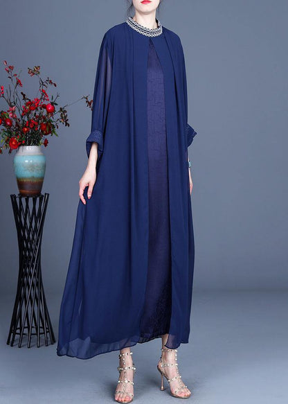 Fine Blue Embroidery Long Maxi Summer Spring Chiffon Dress