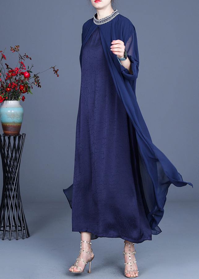 Fine Blue Embroidery Long Maxi Summer Spring Chiffon Dress