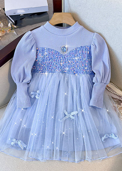 Fine Blue Knit Patchwork Sequins Diamond Tulle Long Dress Fall