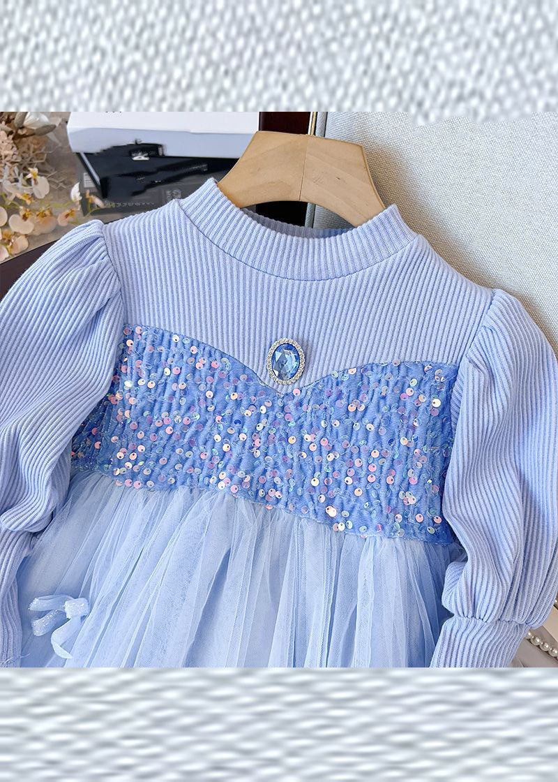 Fine Blue Knit Patchwork Sequins Diamond Tulle Long Dress Fall