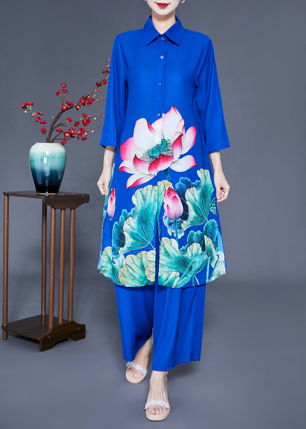 Fine Blue Peter Pan Collar Print Draping Silk Two Pieces Set Spring