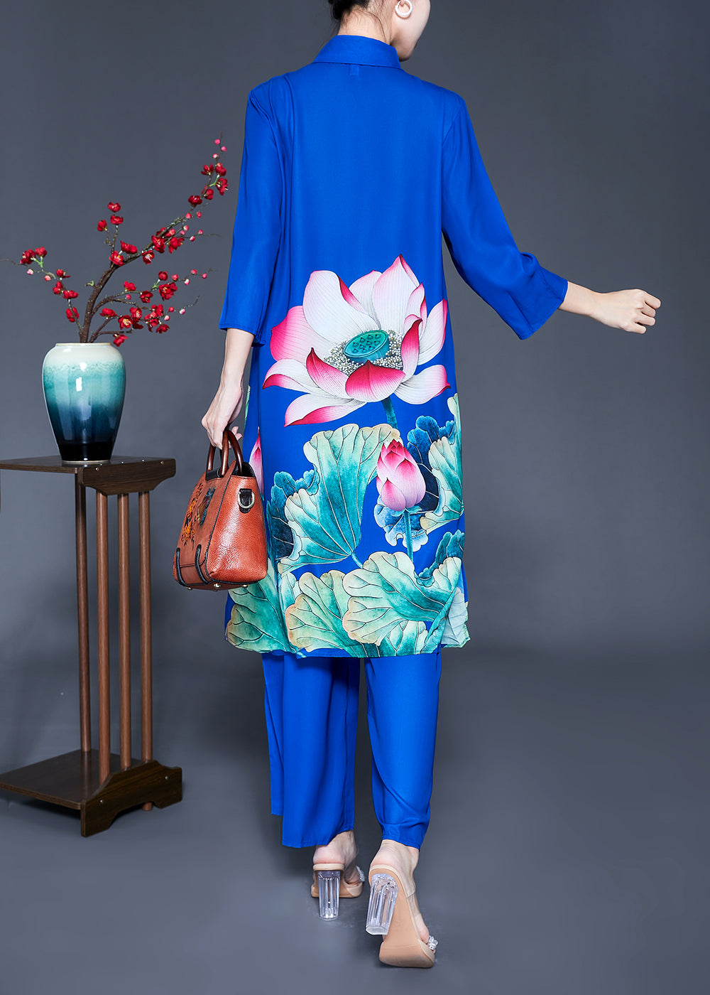 Fine Blue Peter Pan Collar Print Draping Silk Two Pieces Set Spring