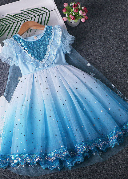 Fine Blue Ruffled Sequins Lace Patchwork Tulle Baby Princess Dress Summer