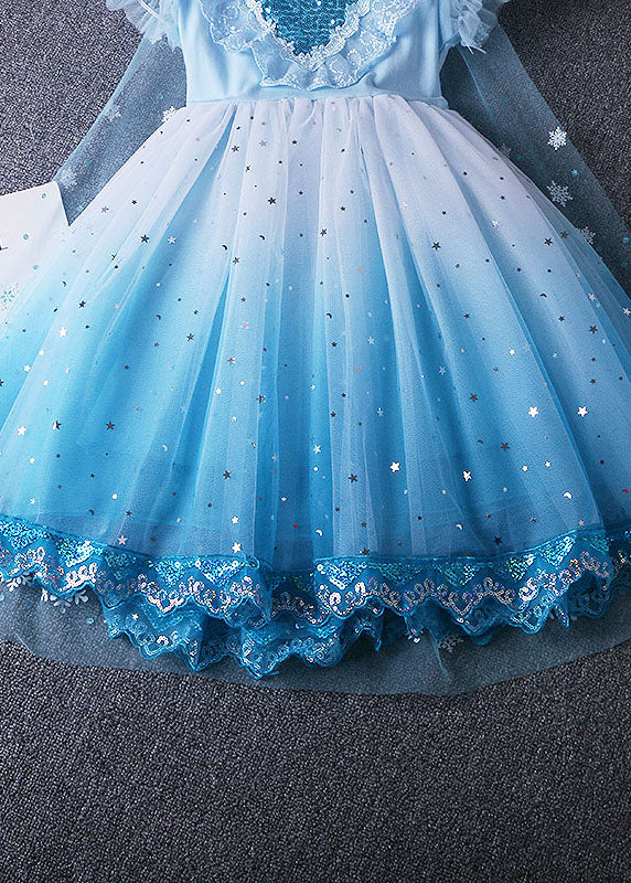 Fine Blue Ruffled Sequins Lace Patchwork Tulle Baby Princess Dress Summer