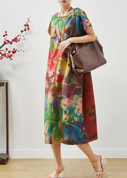 Fine Brown Oversized Patchwork Print Silk Dress Summer
