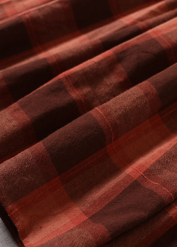 Fine Chocolate Plaid Wrinkled Pockets Cotton Skirt Spring