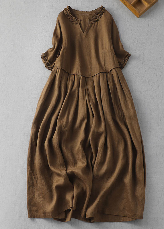 Fine Green Cashew Nuts V Neck Ruffled Patchwork Linen Dress Summer