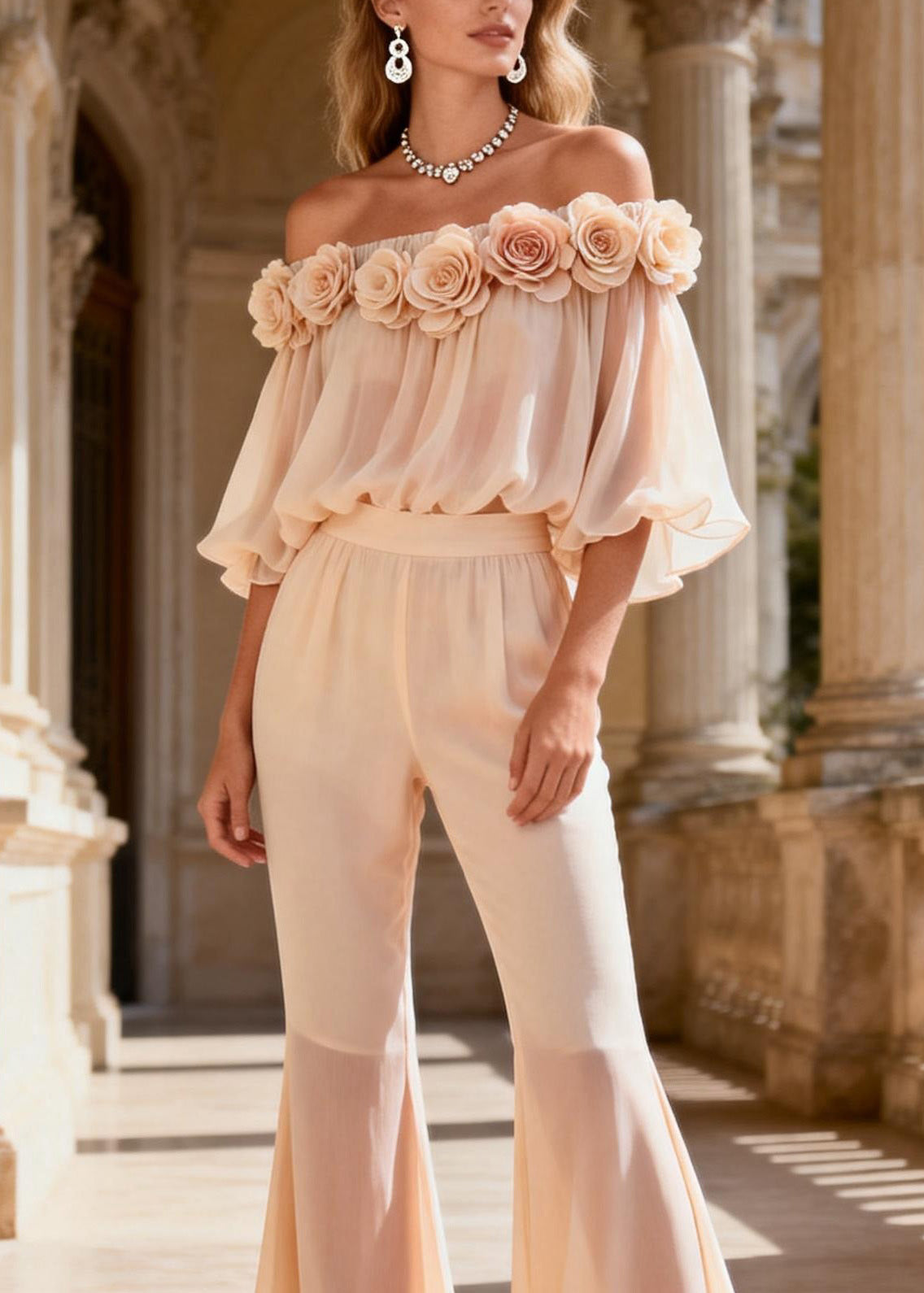 Fine Cold Shoulder Top and Pants Silk Two Pieces Set Summer