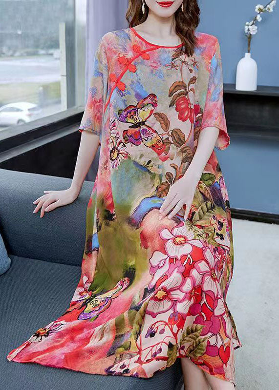 Fine O Neck Chinese Button Patchwork Chiffon Mid Dress Summer