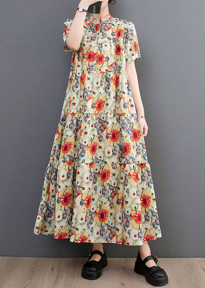 Fine Print Stand Collar Exra Large Hem Cotton Shirt Dresses Summer