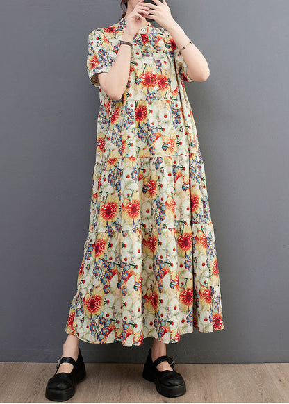 Fine Print Stand Collar Exra Large Hem Cotton Shirt Dresses Summer