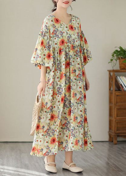 Fine V Neck Wrinkled Patchwork Cotton Long Dresses Summer