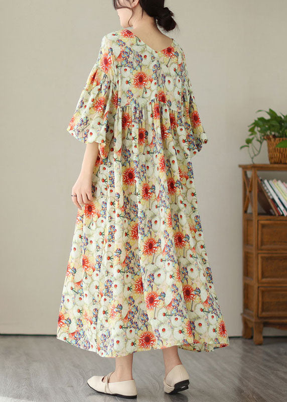 Fine V Neck Wrinkled Patchwork Cotton Long Dresses Summer