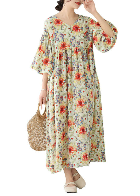 Fine V Neck Wrinkled Patchwork Cotton Long Dresses Summer