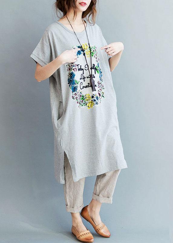 Fine Gray Side Open Letter O Neck Holiday Cotton Dress