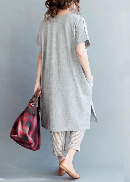 Fine Gray Side Open Letter O Neck Holiday Cotton Dress
