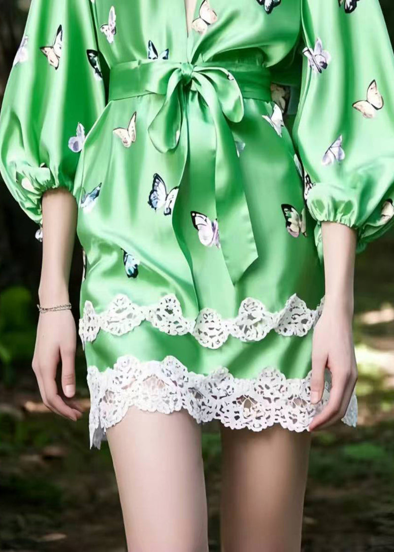 Fine Green Butterfly Patchwork Lace Silk Tea Dresses Bracelet Sleeve