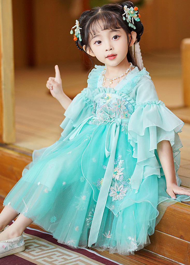Fine Green Embroideried Patchwork Tie Waist Tulle Baby Mid Dress Flare Sleeve