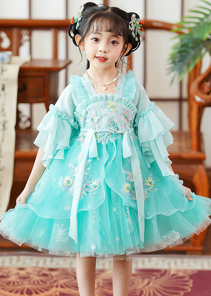 Fine Green Embroideried Patchwork Tie Waist Tulle Baby Mid Dress Flare Sleeve