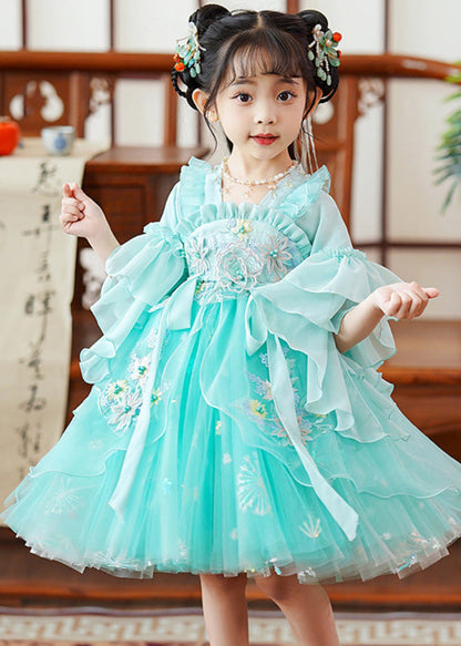 Fine Green Embroideried Patchwork Tie Waist Tulle Baby Mid Dress Flare Sleeve